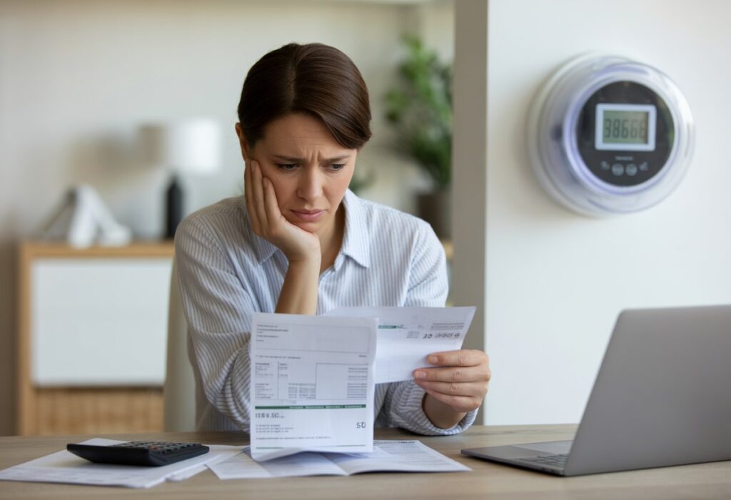 Een bezorgde persoon zit aan een bureau en bekijkt een energierekening met een verwarde blik, omringd door een laptop, rekenmachine en papieren.