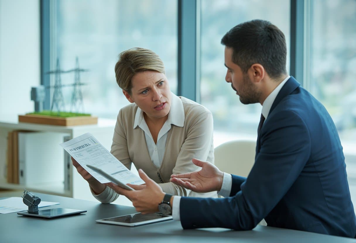 Een klant en een vertegenwoordiger van een energieleverancier zitten in een kantoor aan tafel en bespreken een contract.