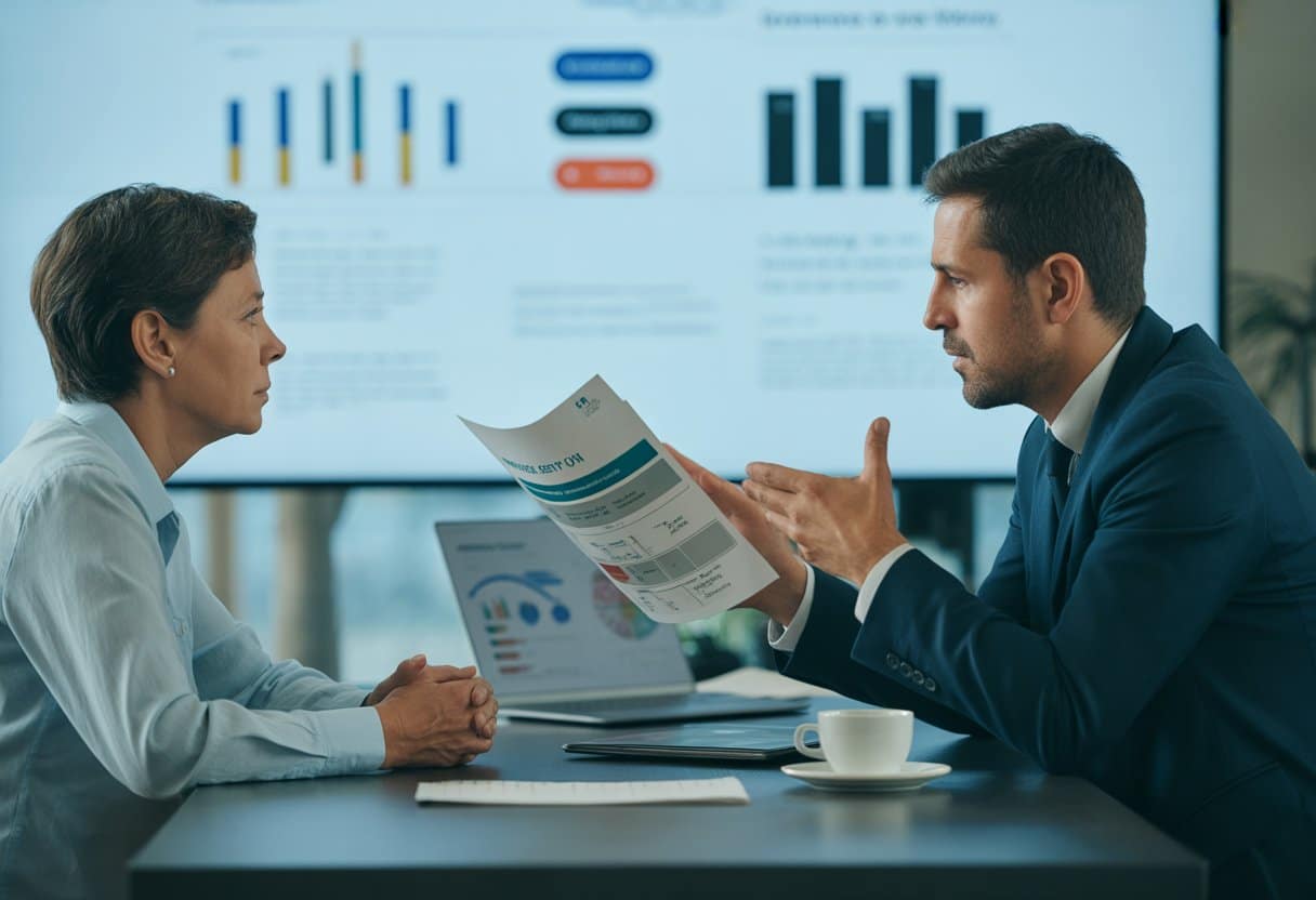 Een klant en een medewerker van een energieleverancier bespreken samen documenten in een kantooromgeving.