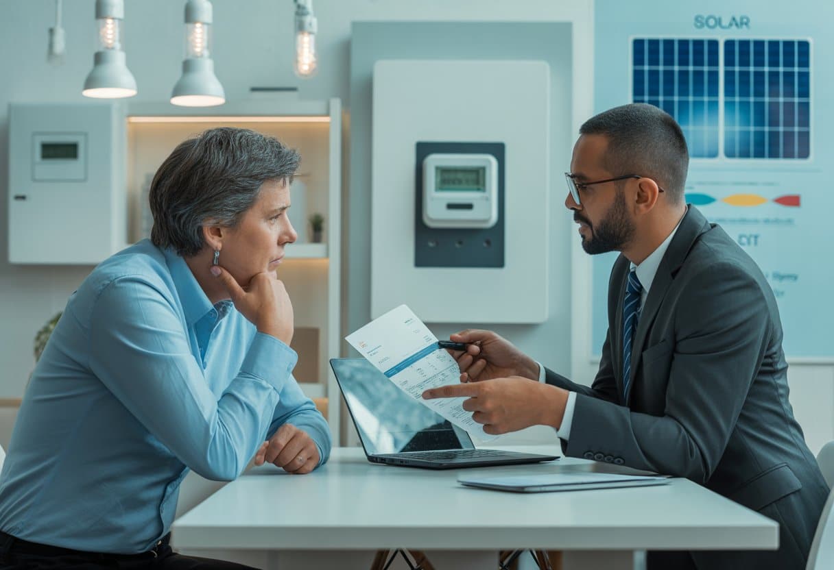 Een klant en een energieleverancier bespreken documenten in een kantooromgeving.