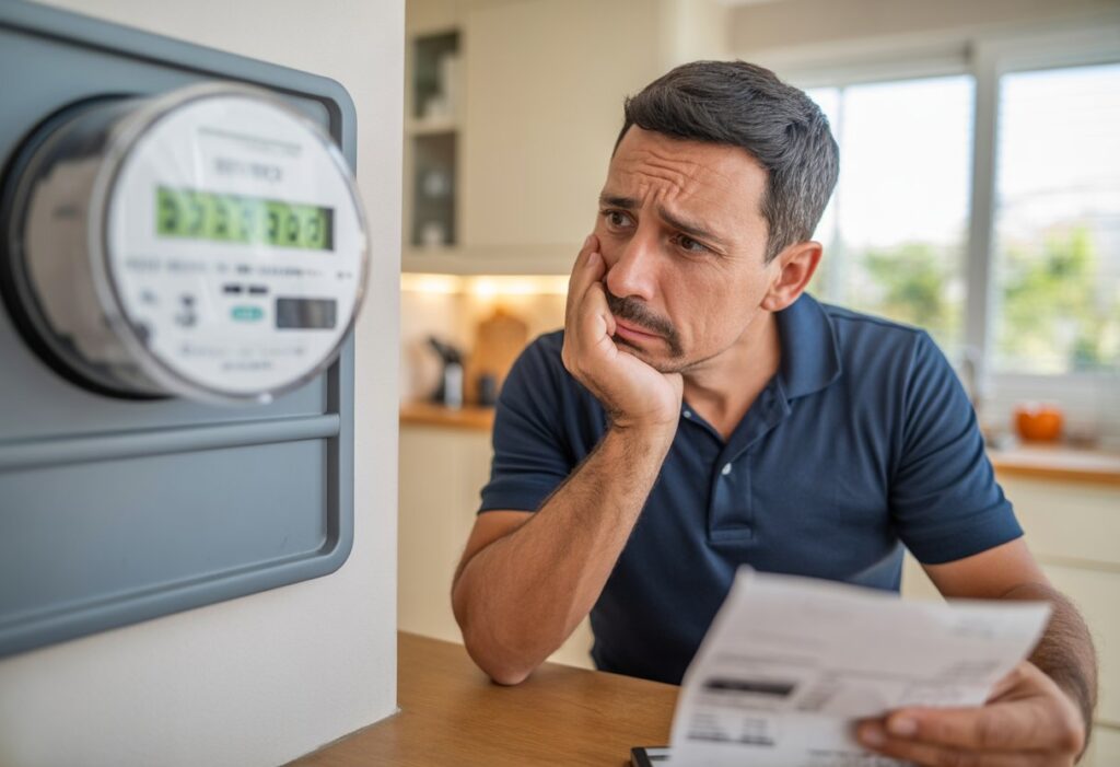 Een bezorgde man die aan een keukentafel zit en een elektriciteitsmeter en een energierekening bekijkt.