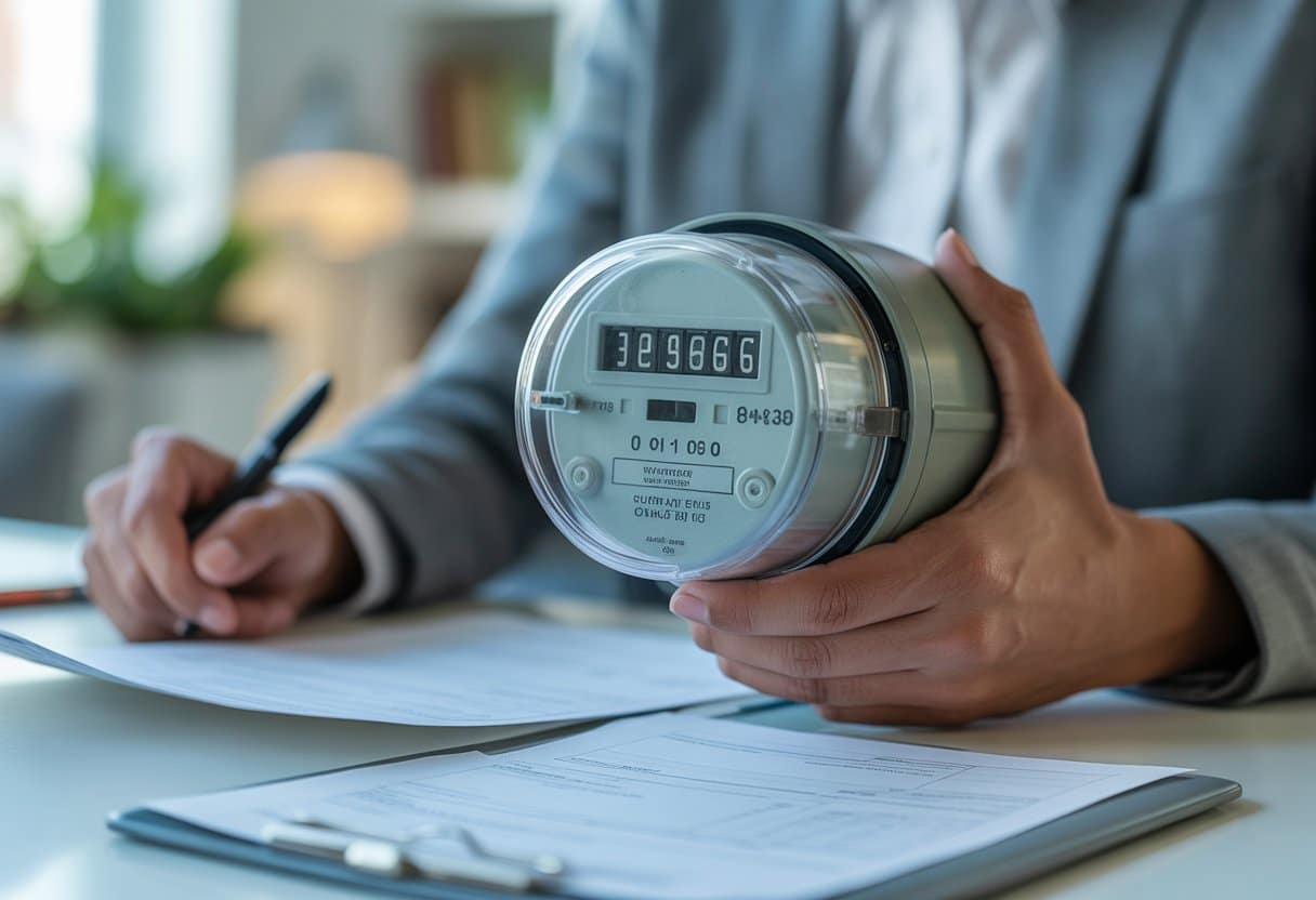 Een persoon bekijkt een elektriciteitsmeter met documenten op een tafel in een huiselijke omgeving.