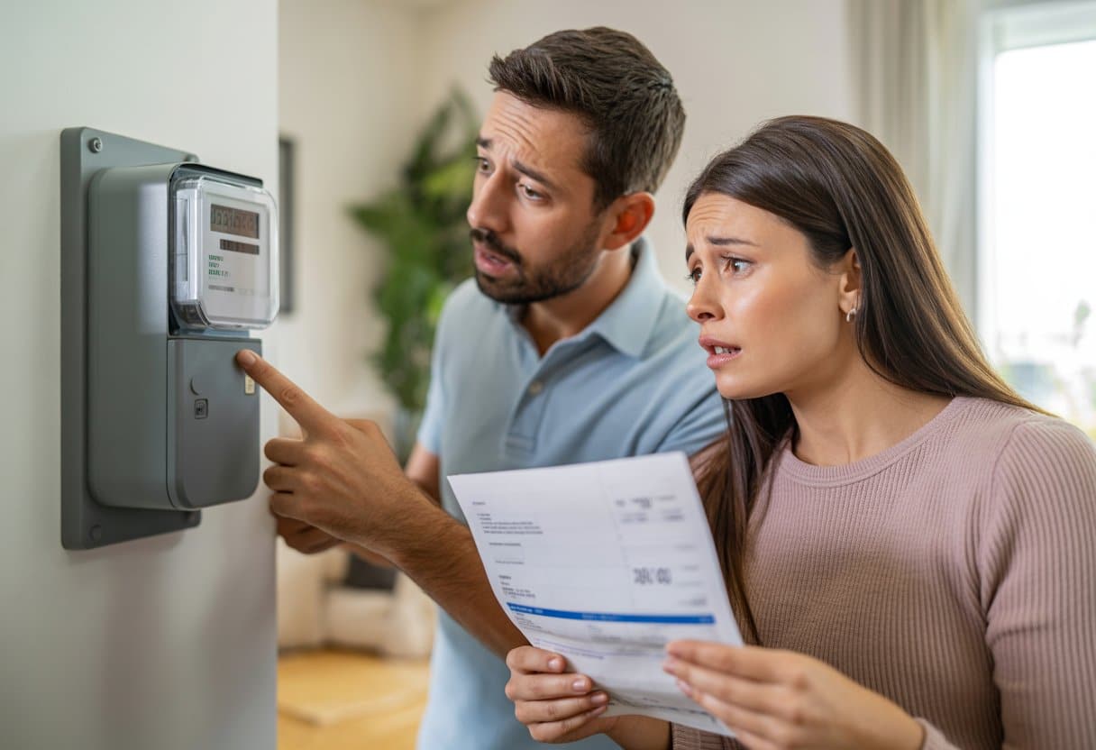 Een man en vrouw bekijken bezorgd een elektriciteitsmeter en een energierekening in hun huis.
