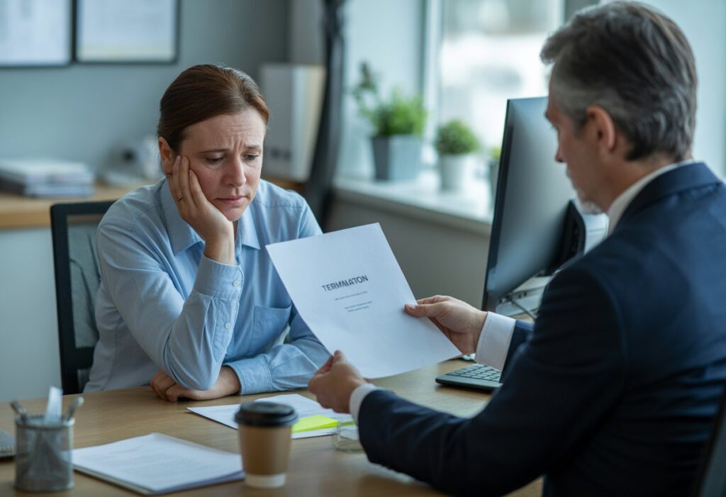 Een zieke werknemer zit tegenover een manager die een ontslagbrief overhandigt in een kantooromgeving.