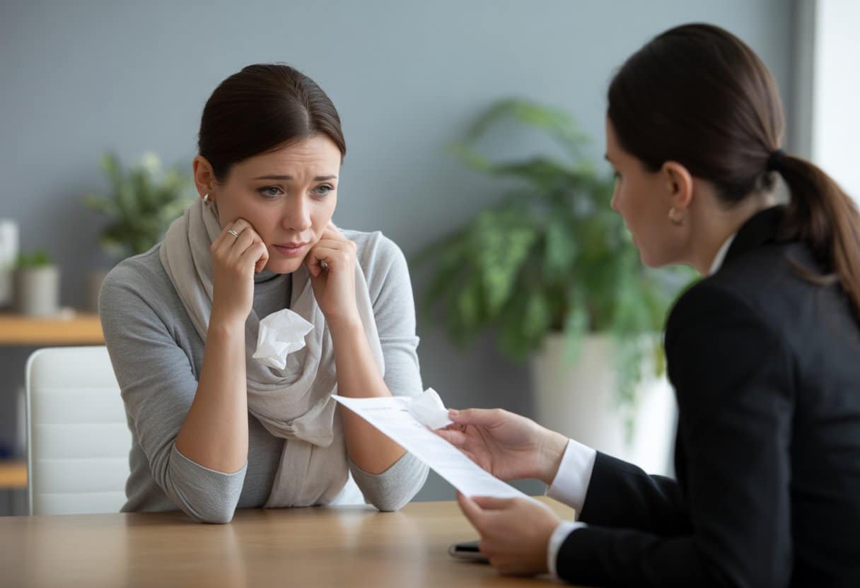 Een werknemer zit bezorgd tegenover een HR-manager in een kantoor, met een lichte ziekteverschijnsel zichtbaar, tijdens een serieus gesprek over ontslagbescherming.