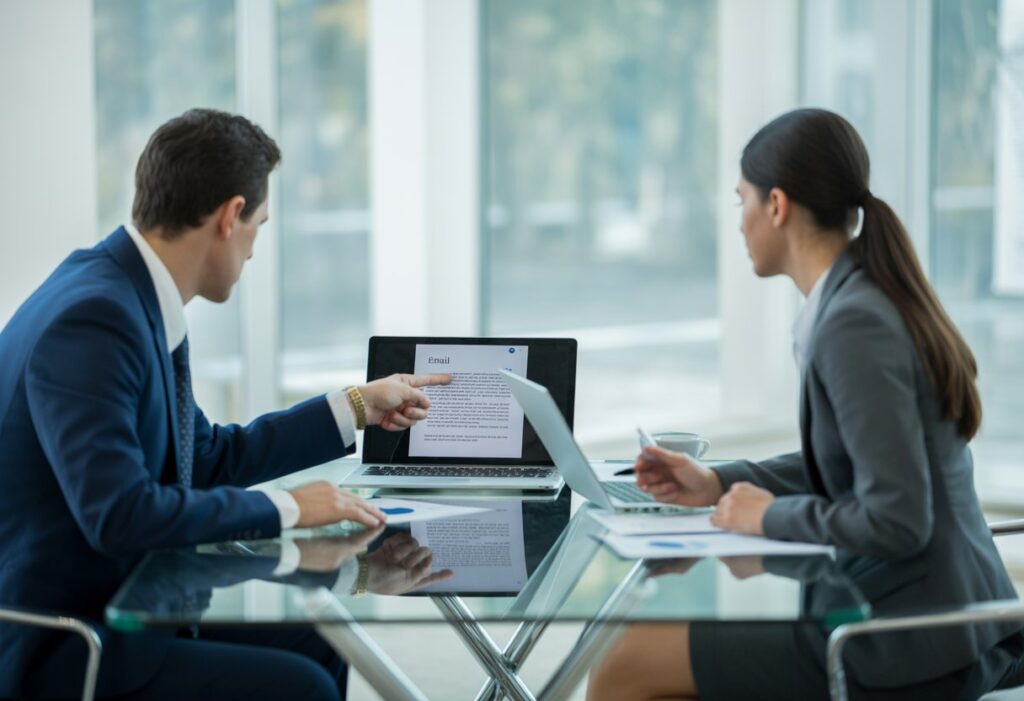 Twee zakelijke professionals bespreken een e-mail op een laptop in een moderne kantooromgeving.