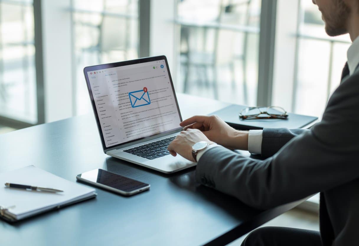 Een zakelijke professional die aan een bureau zit en een e-mail op een laptop bekijkt in een lichte kantooromgeving.