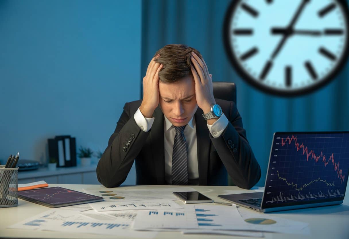 Een zakelijke professional zit gestrest aan een bureau met financiële documenten en een laptop met dalende grafieken, in een kantooromgeving.
