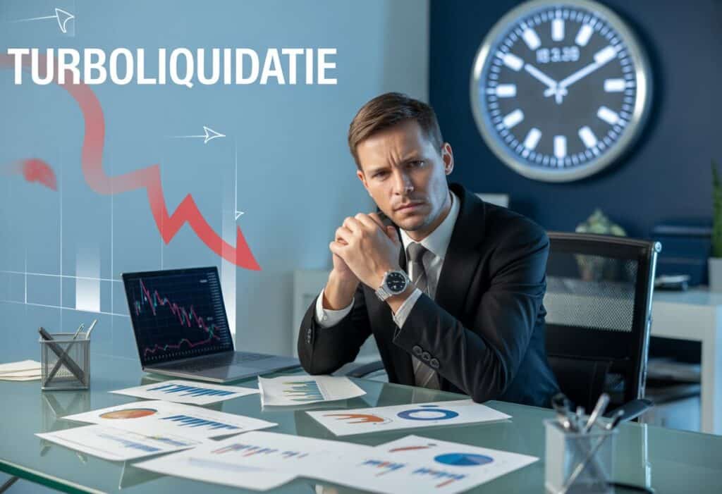 Een zakelijke persoon zit aan een bureau met financiële documenten en een laptop, met een digitale klok op de achtergrond die snelheid aangeeft.