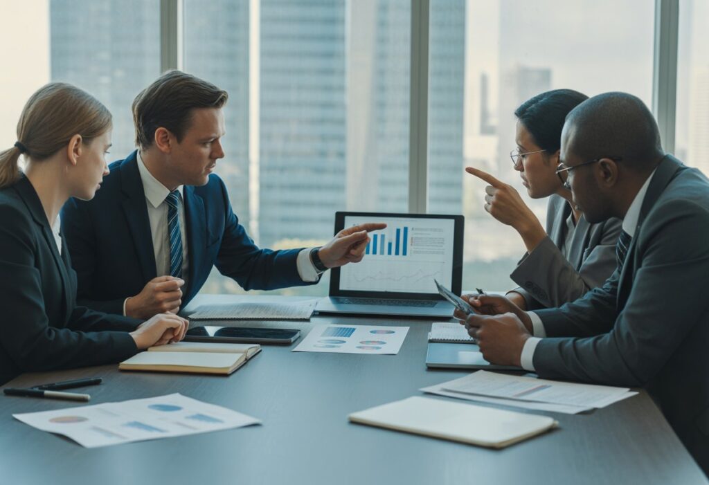 Vijf professionals bespreken documenten en financiële rapporten in een moderne vergaderruimte.