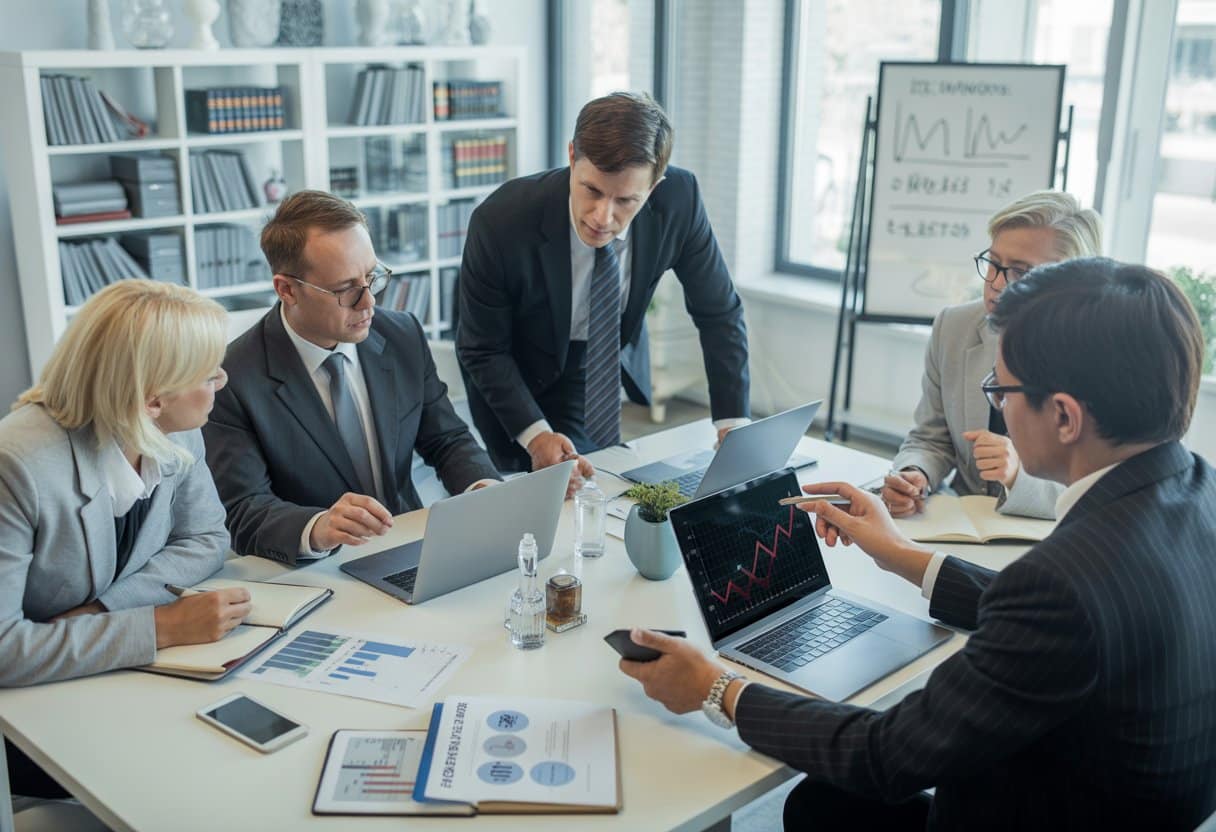 Een groep zakelijke professionals bespreekt financiële documenten en grafieken in een moderne kantooromgeving.
