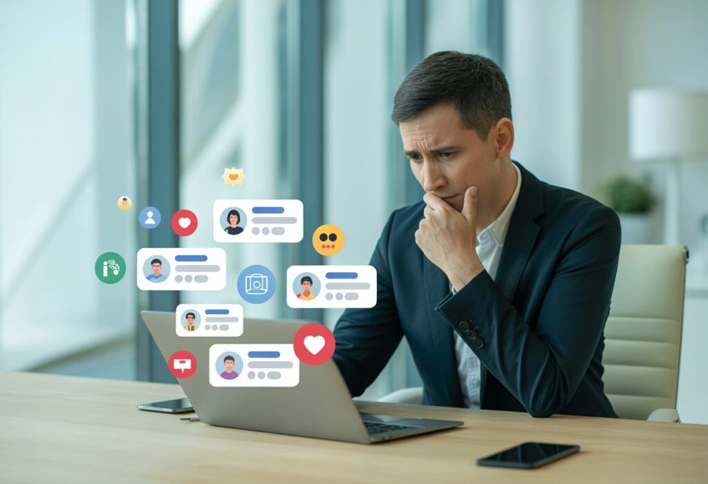 Een bezorgde professional zit aan een bureau en bekijkt een laptop met online profielen en sociale media.