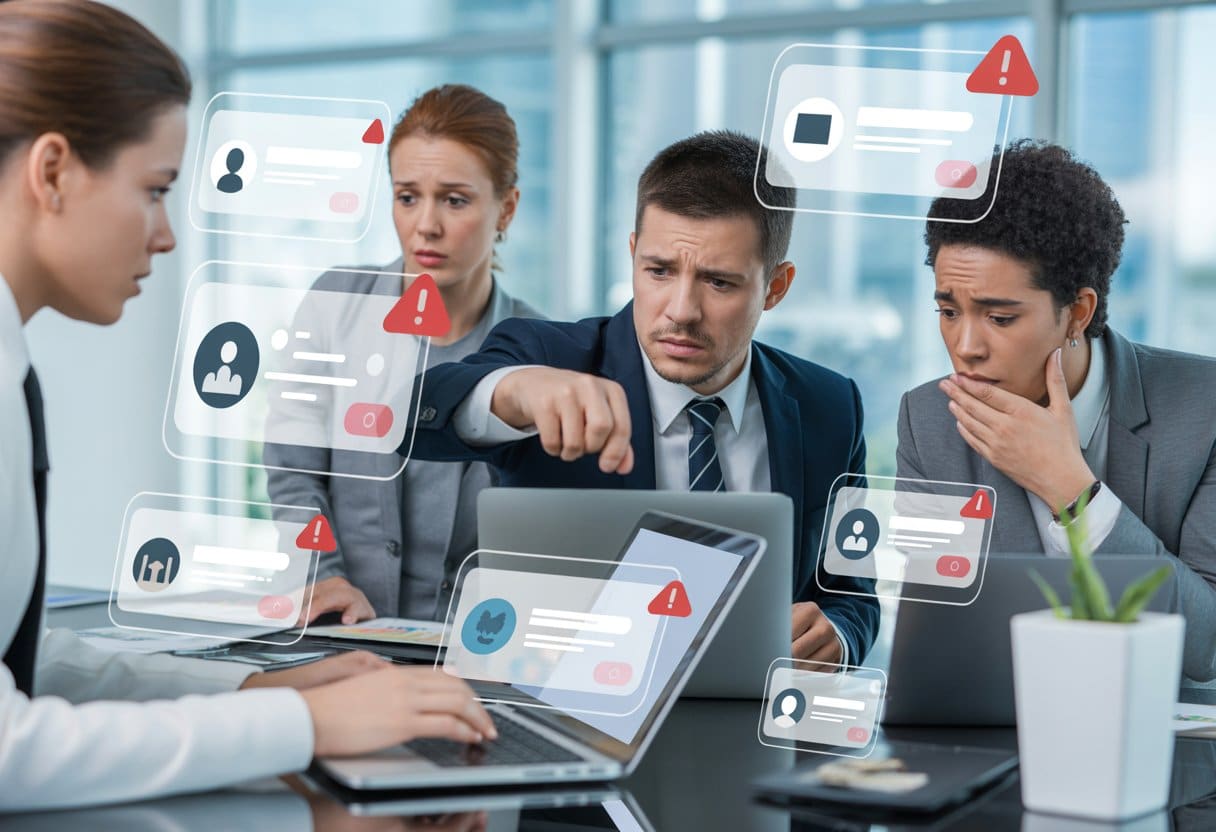 Een groep zakelijke professionals in een modern kantoor kijkt bezorgd naar digitale schermen met negatieve opmerkingen en waarschuwingen, terwijl ze samenwerken om online reputatieschade aan te pakken.