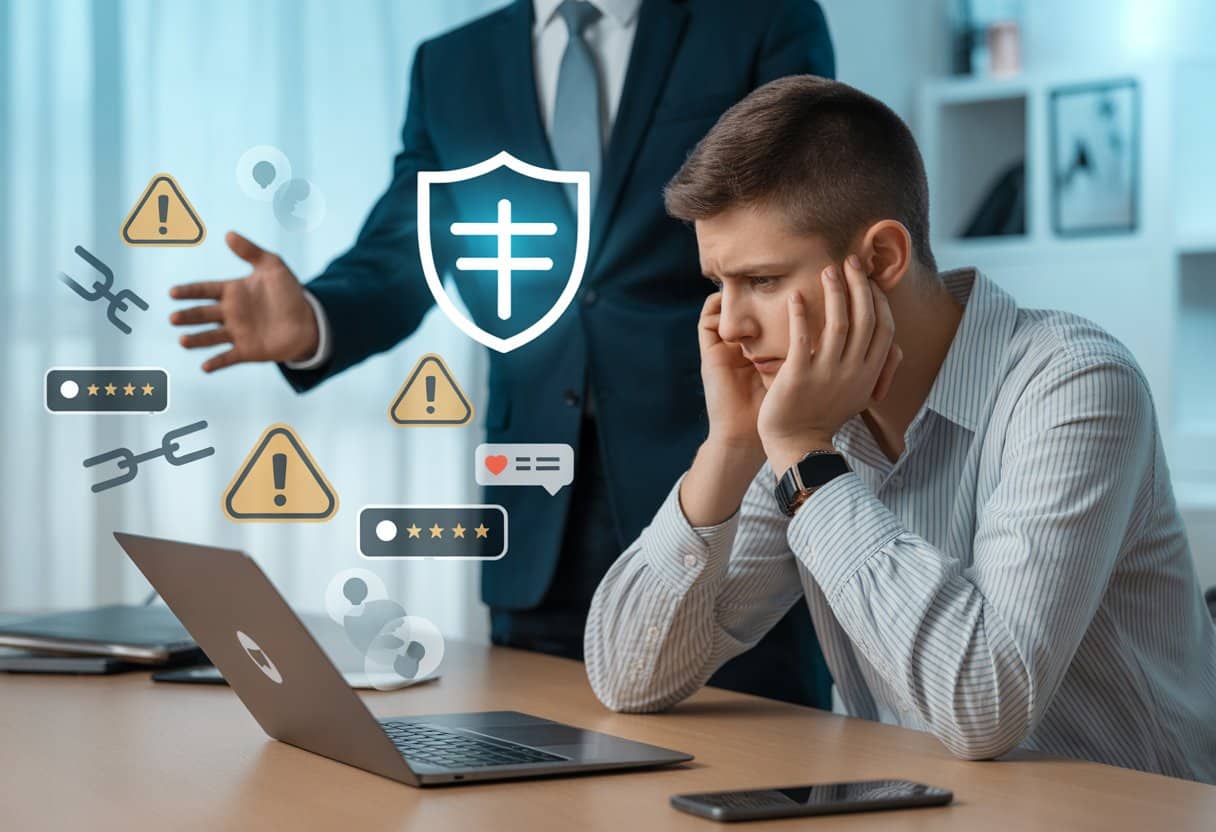 Een bezorgde persoon zit aan een bureau met een laptop, omgeven door digitale symbolen die online reputatieschade voorstellen, terwijl een professionele figuur hulp biedt.