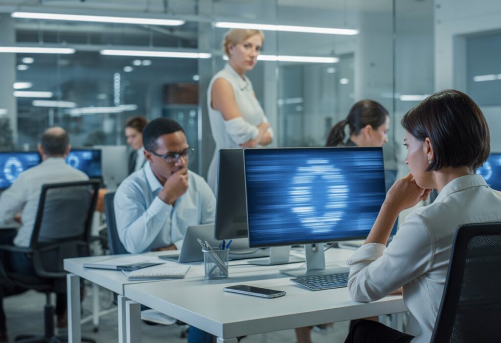 Een werknemer kijkt bezorgd naar een computerscherm terwijl een leidinggevende op de achtergrond meekijkt in een modern kantoor.