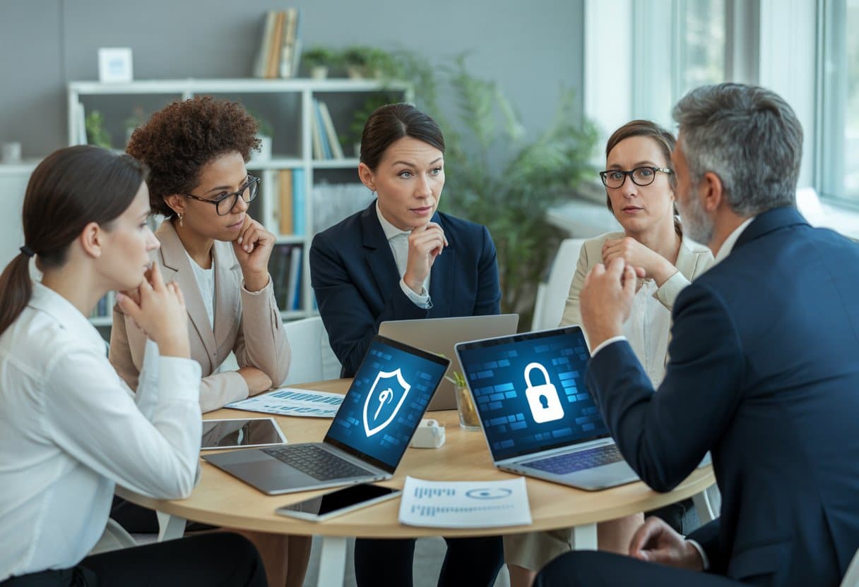 Een werkgever en werknemers zitten samen aan een tafel in een kantoorruimte en voeren een gesprek over privacy en gegevensbescherming.