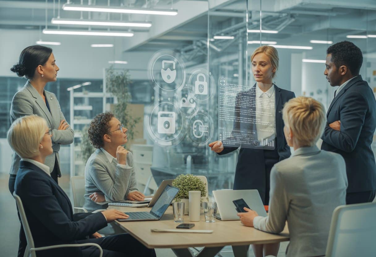 Een groep medewerkers in een moderne kantooromgeving bespreekt privacyregels op het werk, met een vrouw die informatie presenteert op een digitaal scherm.