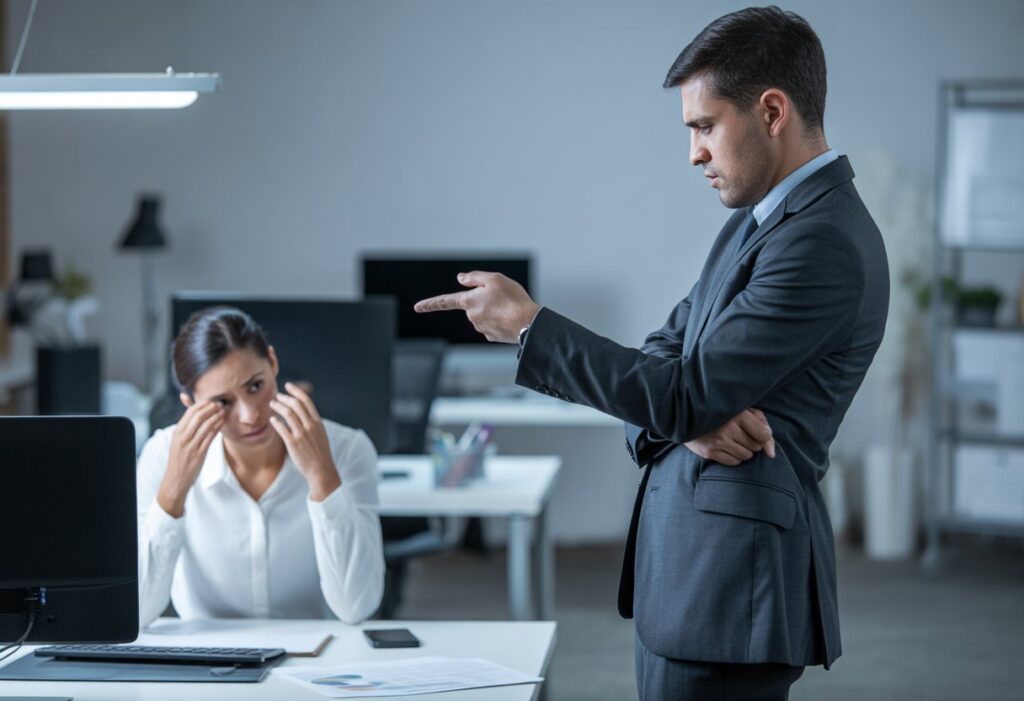 Twee collega's in een kantoor, waarbij één collega zich verdrietig en geïsoleerd voelt en de andere collega een confronterende houding aanneemt.