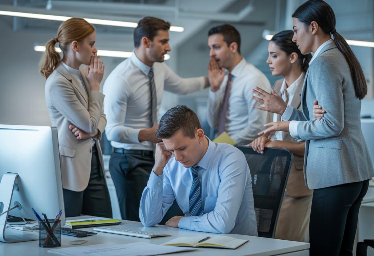 Een werknemer zit verdrietig aan een bureau terwijl collega’s in de achtergrond fluisteren en elkaar aankijken in een kantooromgeving.