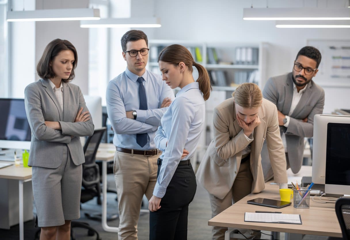 Een groep collega’s op kantoor waarbij één persoon zich ongemakkelijk voelt terwijl anderen toekijken.