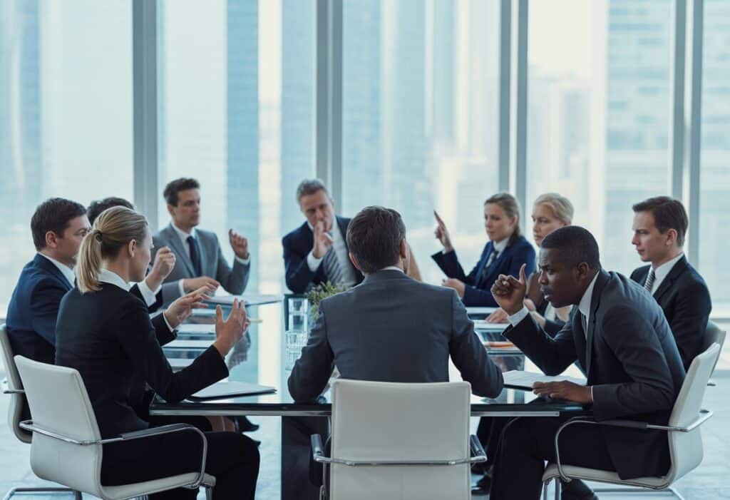 Een gespannen zakelijke bijeenkomst tussen aandeelhouders die tegenover elkaar aan een vergadertafel zitten en een conflict bespreken.