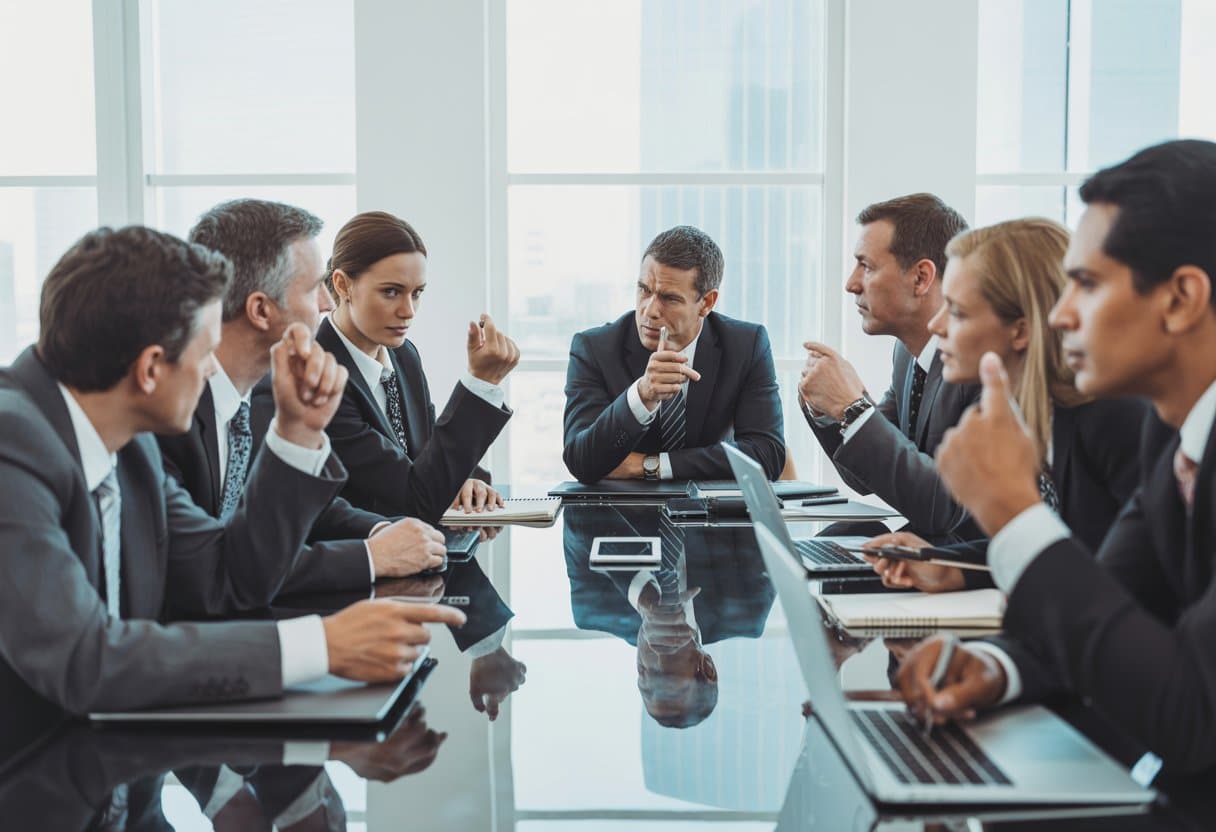 Een groep zakelijke mensen in een vergaderruimte die een gespannen discussie voeren tijdens een aandeelhoudersvergadering.
