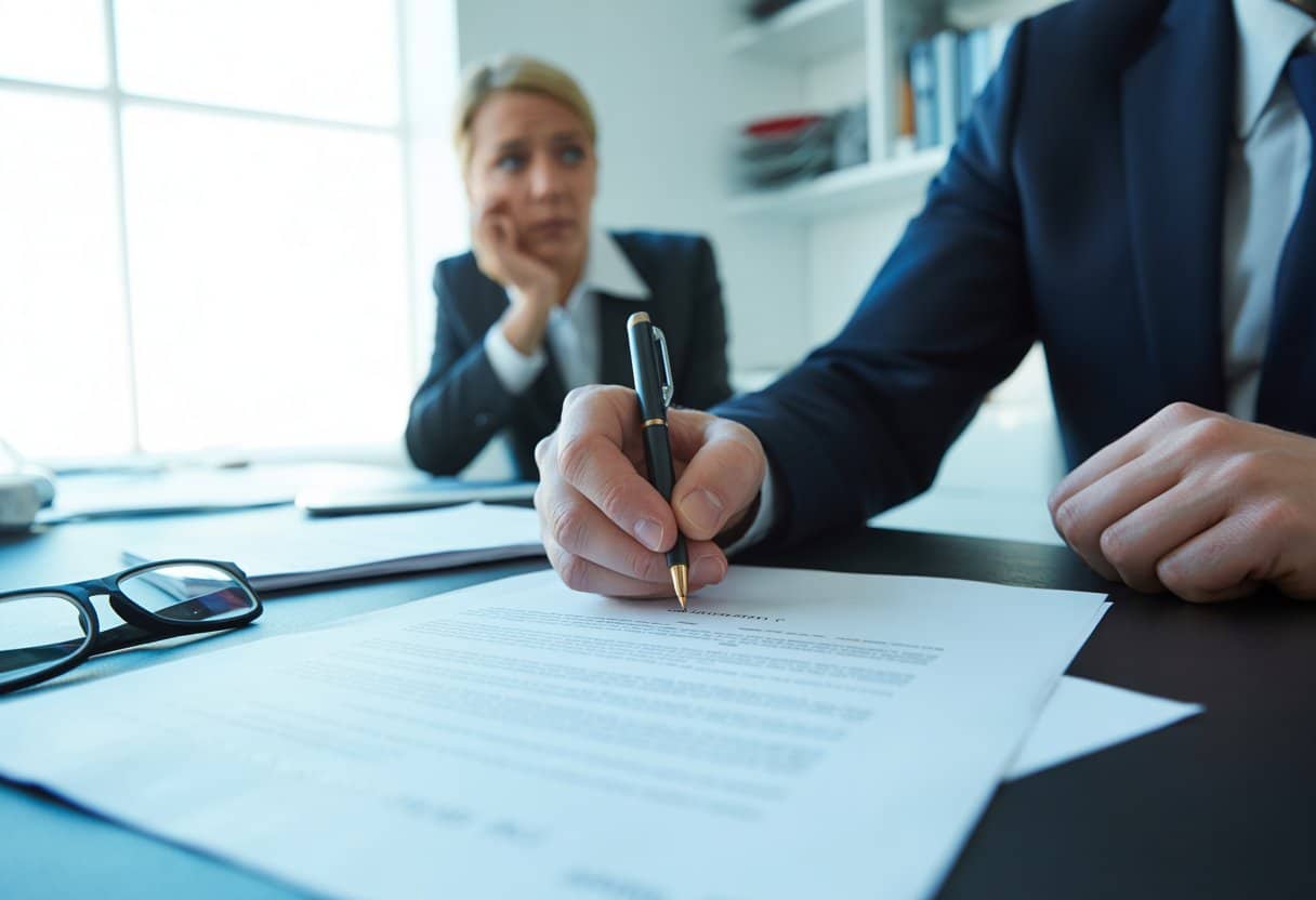 Iemand die een contract ondertekent zonder te lezen, terwijl een collega bezorgd toekijkt in een kantooromgeving.