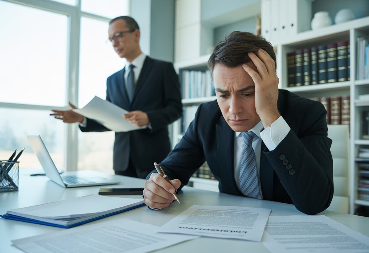 Een bezorgde persoon zit aan een bureau met een getekend contract, terwijl een advocaat iets uitlegt in een kantooromgeving.