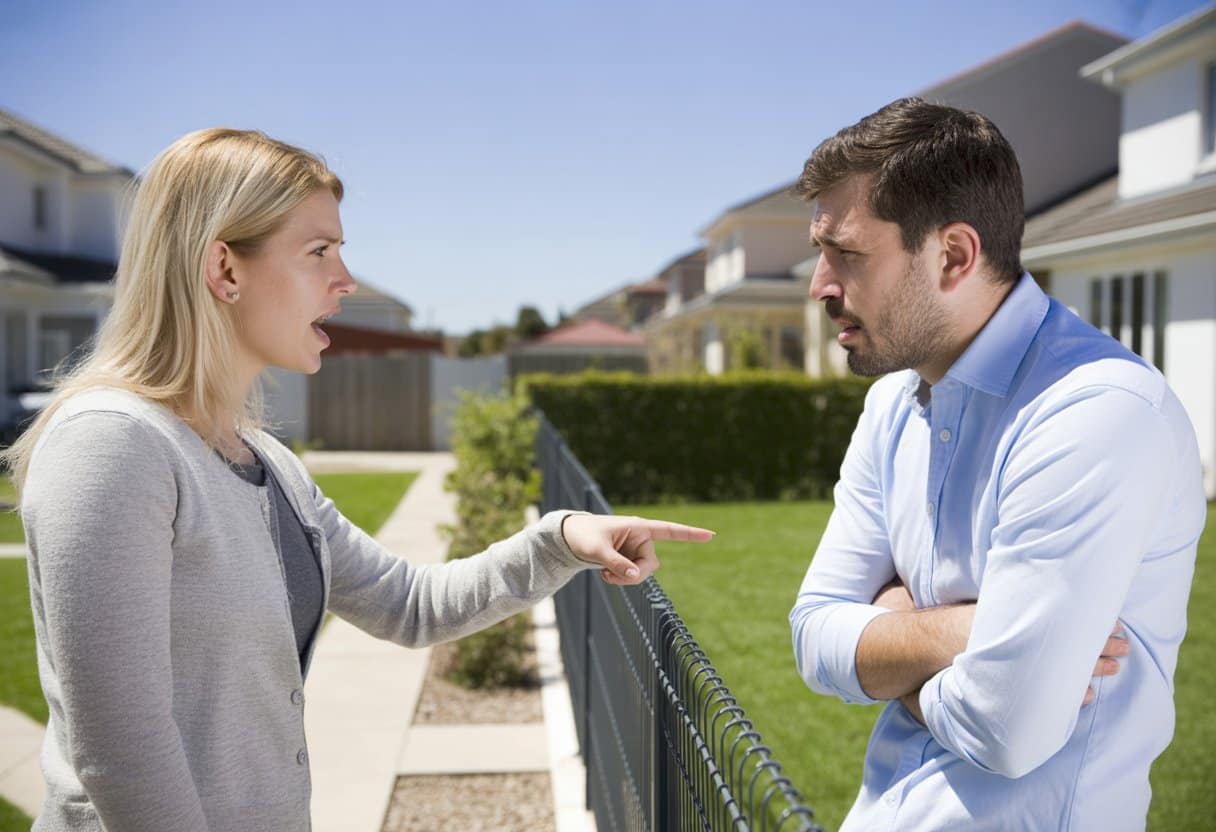 Twee buren hebben een gespannen gesprek bij een schutting in een woonwijk.