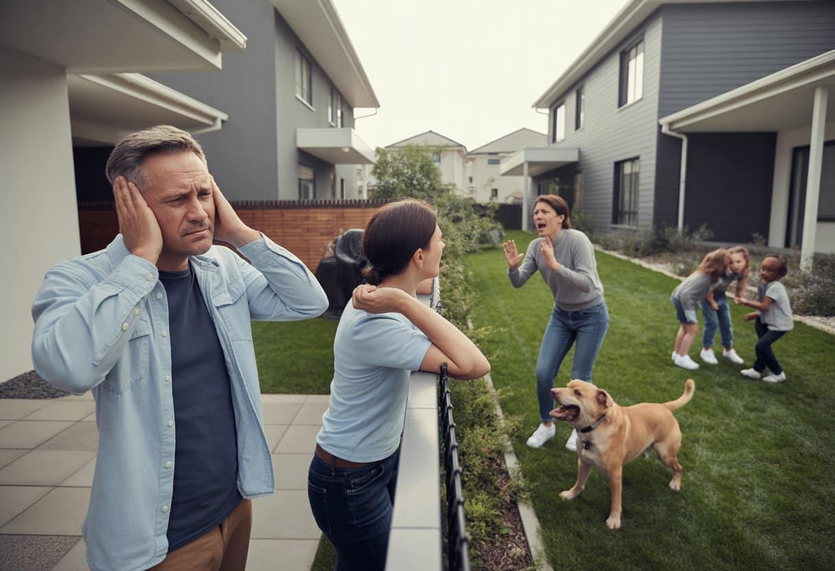 Een man kijkt gefrustreerd buiten zijn huis terwijl hij zijn oren bedekt door lawaai van de buren, met een vrouw die boos met een buur praat en een blaffende hond in een woonwijk.