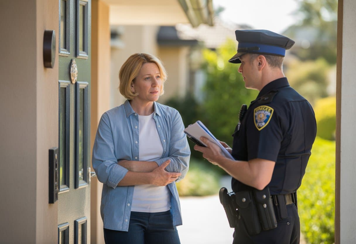 Als de politie aan je deur staat: rechten, plichten en tips 1 Een politieagent staat aan de deur van een huis en spreekt met een bezorgde bewoner.