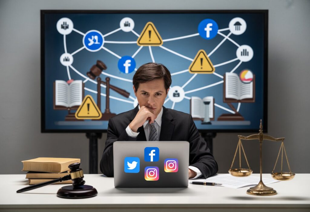 Een advocaat zit aan een bureau met een laptop waarop social media-iconen zichtbaar zijn, omringd door juridische documenten, een hamer en weegschaal, met op de achtergrond een scherm met sociale media en juridische symbolen.
