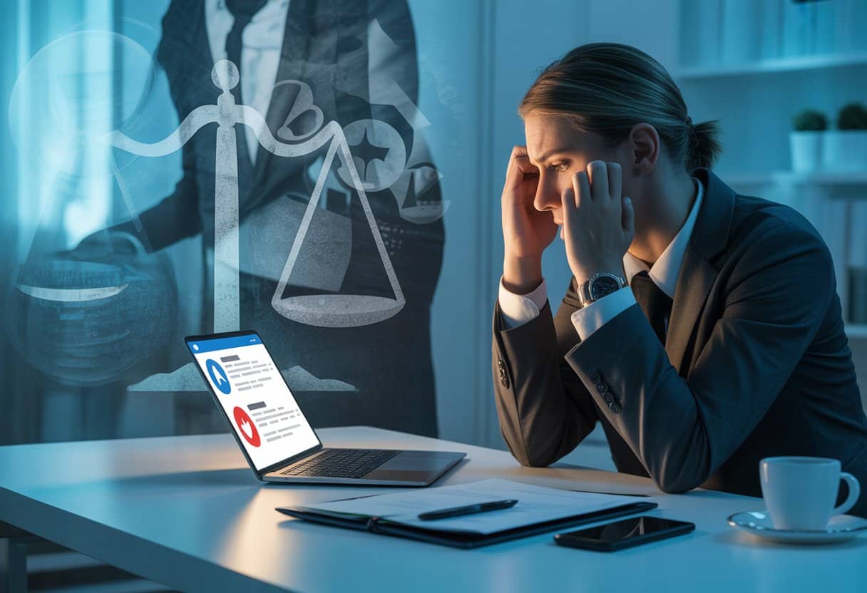 Een bezorgde zakelijke professional zit achter een bureau met een laptop waarop sociale media-iconen te zien zijn, met op de achtergrond symbolen van sociale media en juridische weegschalen.