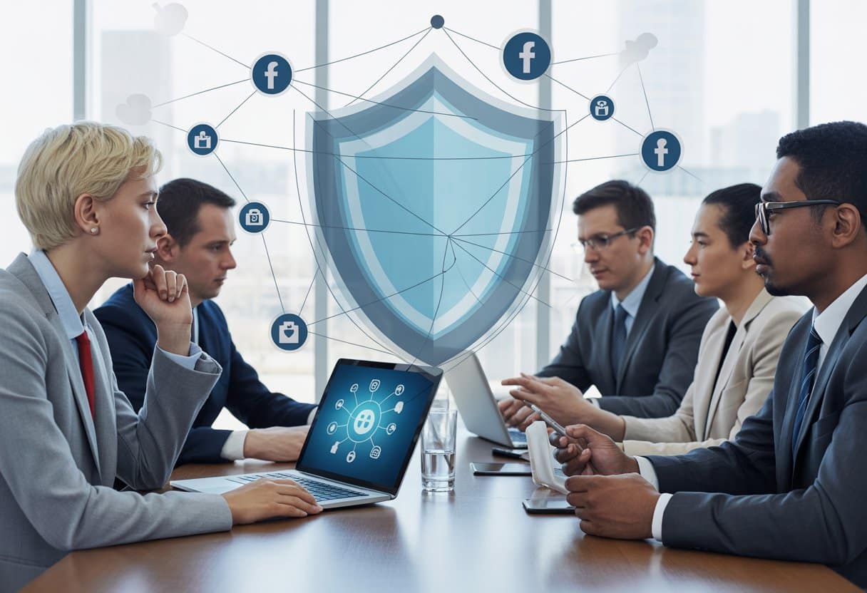 Een groep zakelijke professionals bespreekt privacybescherming en juridische uitdagingen van social media in een moderne kantooromgeving.