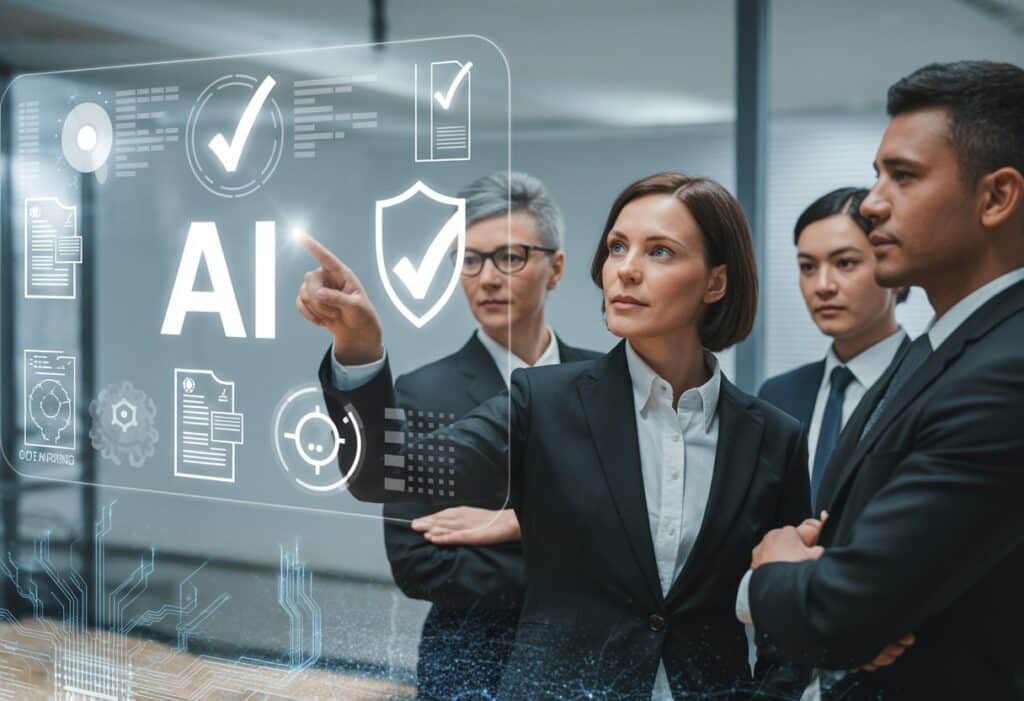 Zakelijke professionals in een modern kantoor die samenwerken met digitale schermen en AI-symbolen om compliance in het AI-tijdperk te tonen.