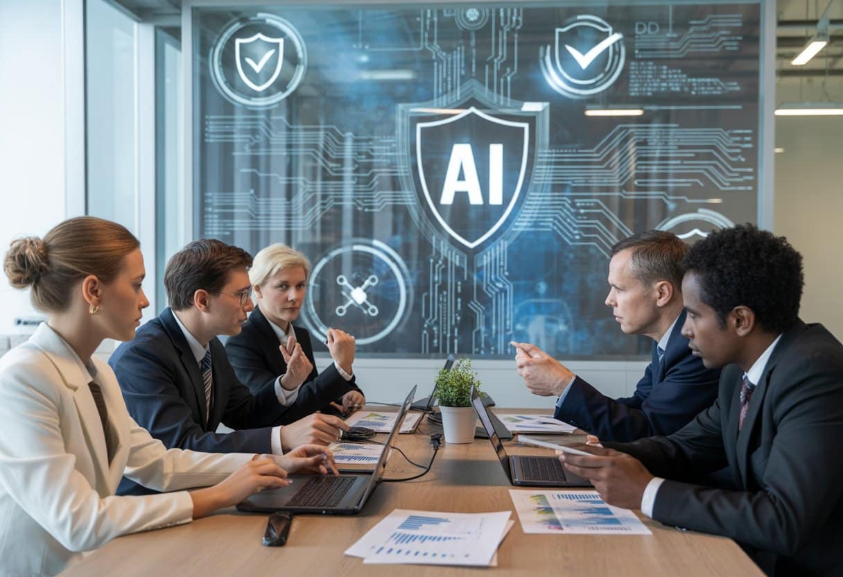 Een groep zakelijke professionals bespreekt AI-naleving rond een tafel in een moderne kantoorruimte met een digitaal scherm op de achtergrond.