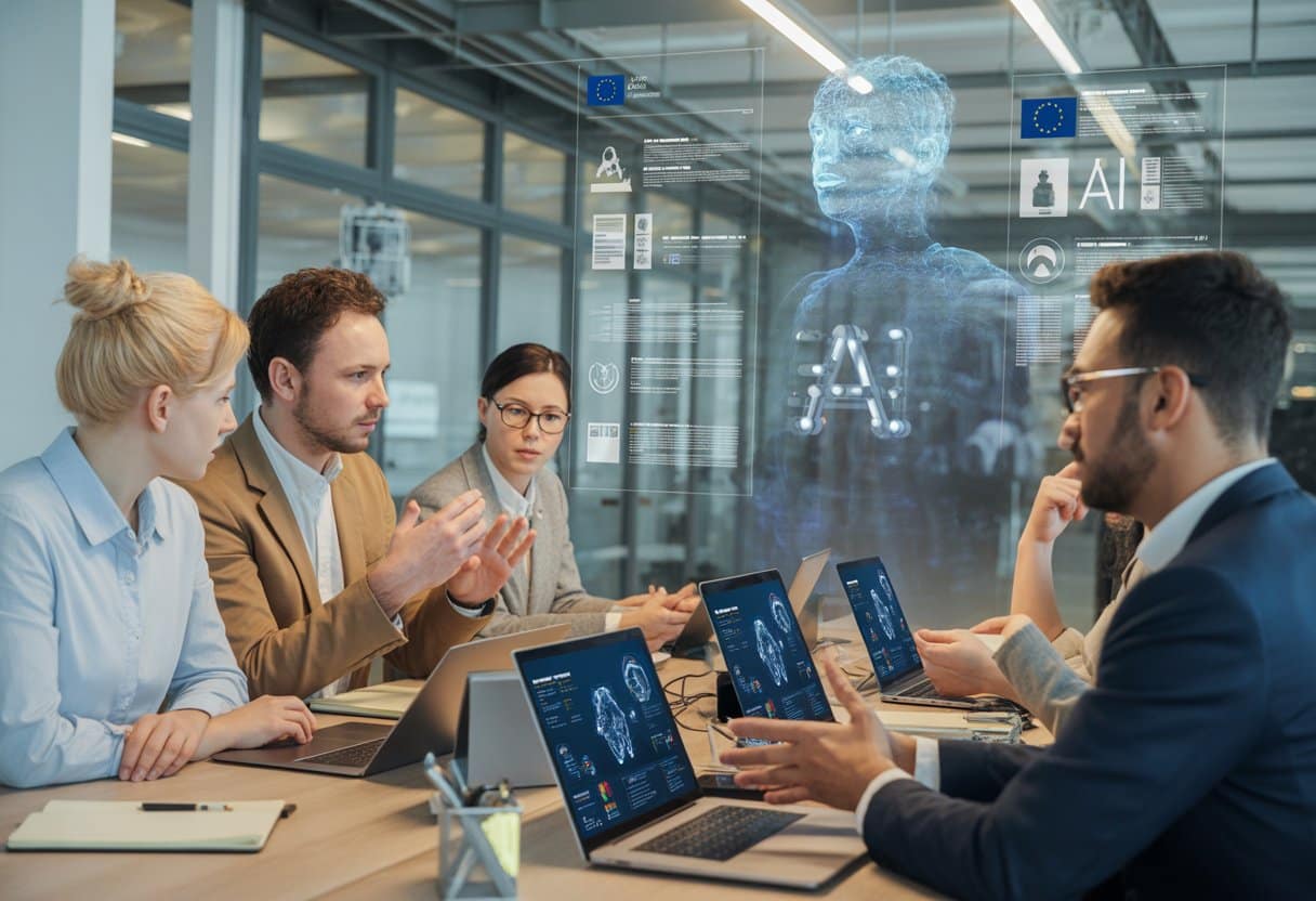 Een groep diverse professionals bespreekt AI-compliance in een modern kantoor met laptops en digitale schermen die AI-technologie en regelgeving tonen.