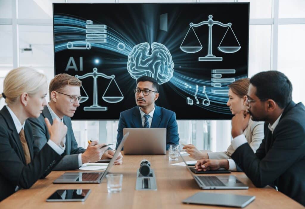 Een groep zakelijke professionals bespreekt serieuze zaken rond een vergadertafel in een modern kantoor met een scherm op de achtergrond dat AI-gerelateerde beelden toont.