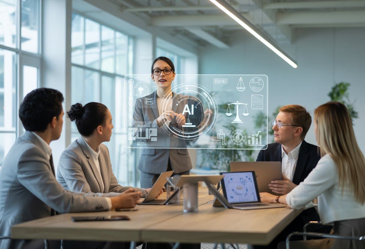 Een groep professionals bespreekt AI en juridische risico's in een moderne kantooromgeving rond een vergadertafel.