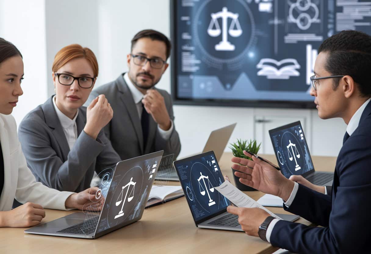 Een groep zakelijke professionals bespreekt AI-regelgeving en juridische risico’s in een moderne kantoorruimte.