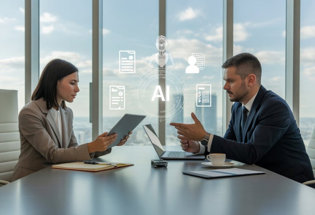 Twee zakelijke professionals bespreken contracten en aansprakelijkheid in een modern kantoor met uitzicht op de stad.