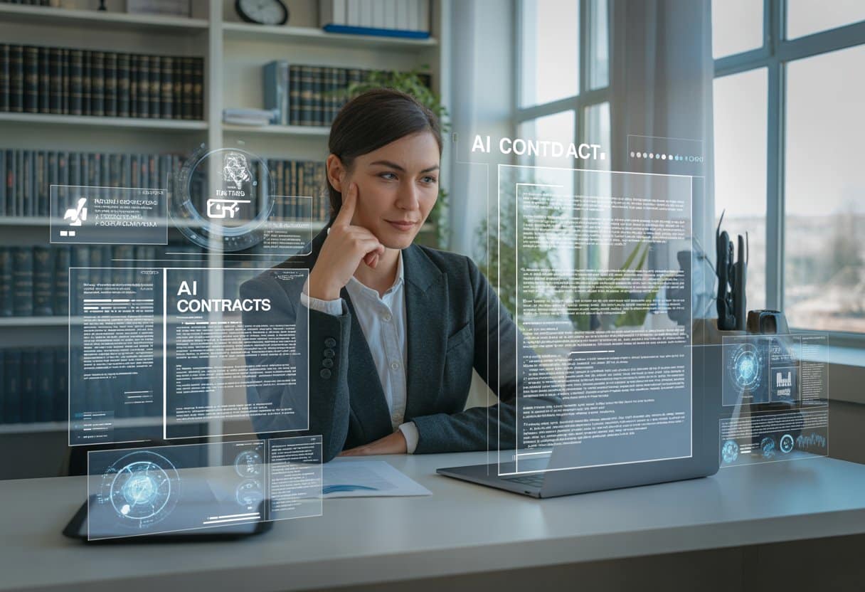 Een zakelijk persoon werkt aan een laptop met digitale contracten en AI-symbolen in een moderne kantooromgeving.