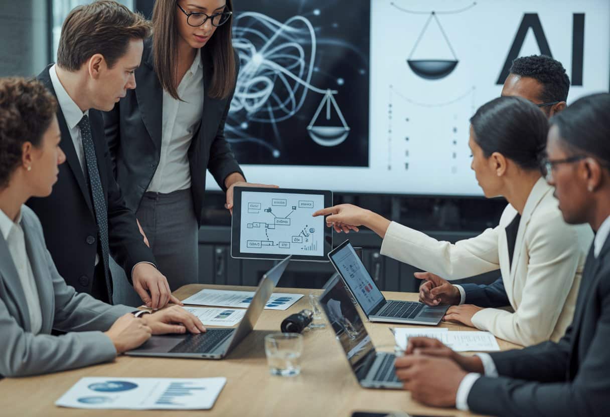 Zakelijke bijeenkomst van diverse professionals die over AI-contracten en aansprakelijkheid discussiëren rond een vergadertafel met laptops en documenten.