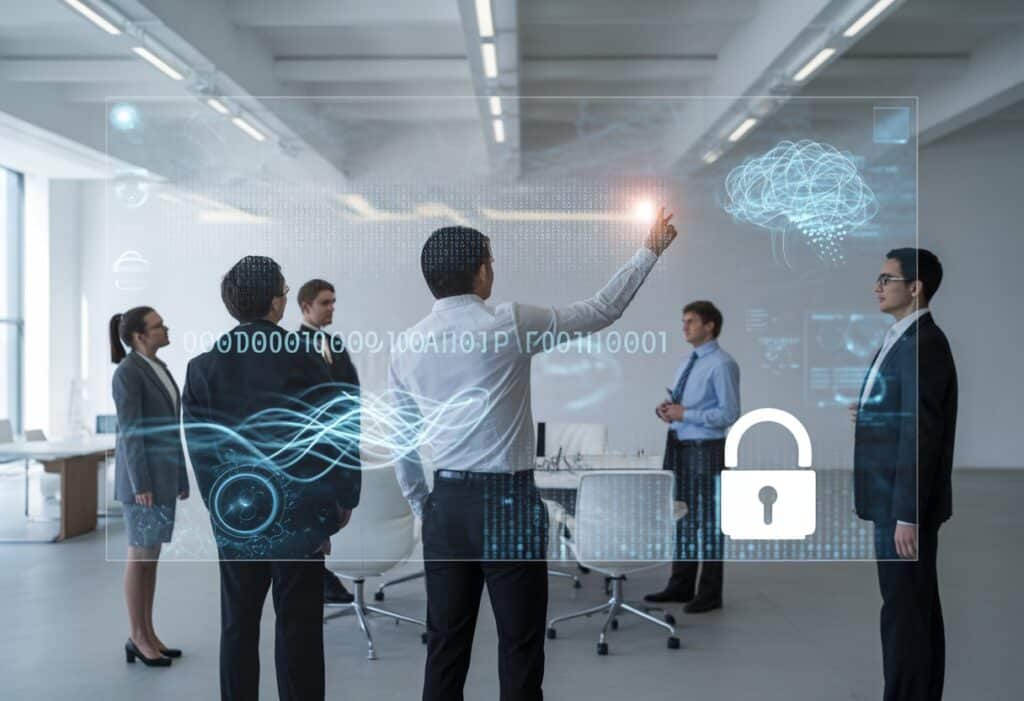 Een groep professionals in een moderne kantooromgeving bekijkt een digitaal scherm met datastromen en privacy-symbolen.