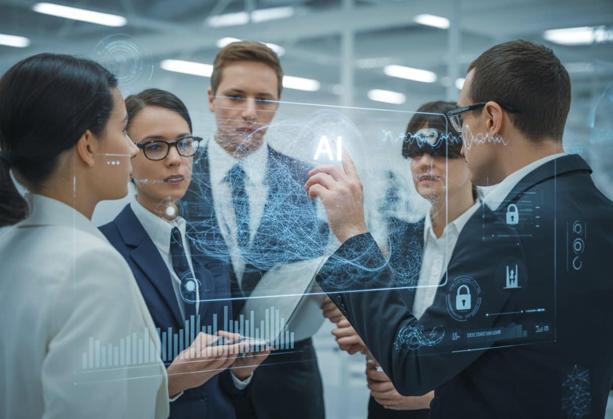 Een groep mensen in een moderne kantooromgeving bespreekt digitale gegevens en privacy met een transparant digitaal scherm.