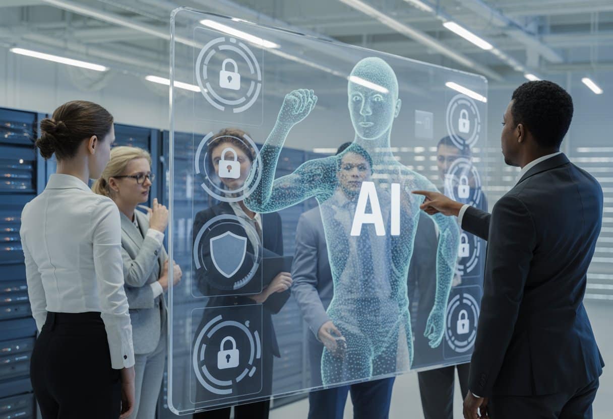 Een groep zakelijke professionals in een moderne kantooromgeving bekijkt een digitaal scherm met AI- en privacy-symbolen.