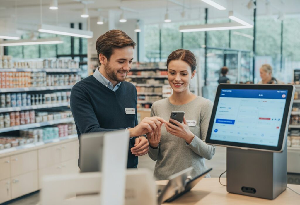 Een winkelmedewerker helpt een klant met een smartphone in een moderne winkelomgeving.