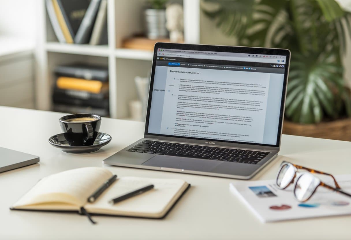 Een moderne werkplek met een laptop, notitieboekje, leesbril en koffiekopje op een bureau, met op de achtergrond boeken en een plant.