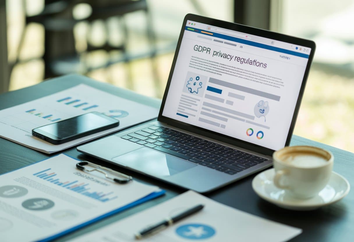 Een moderne werkplek met een laptop, documenten en een smartphone die het thema privacyregels en juridische basis van een webshop uitbeelden.