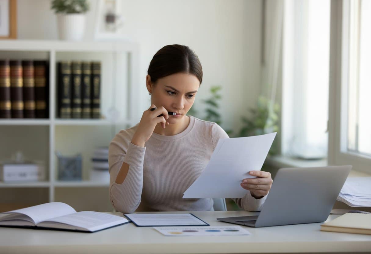 Een jonge vrouw zit aan een bureau en bekijkt juridische en financiële documenten met een laptop, in een lichte kantoorruimte.